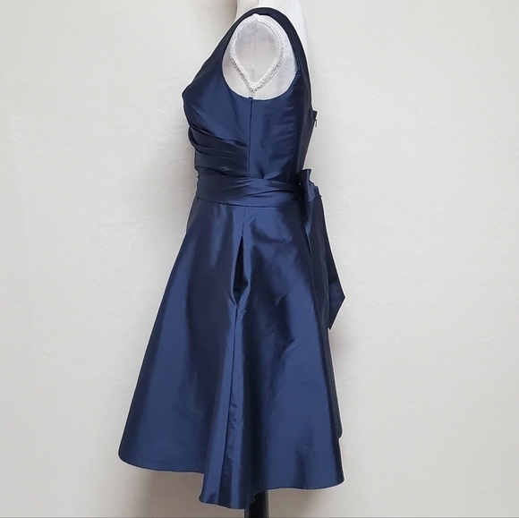 Alfred Sung Midnight Peau De Soie Pleated Side Pocket V-neck Wrap Cocktail Dress - Picture 7 of 16